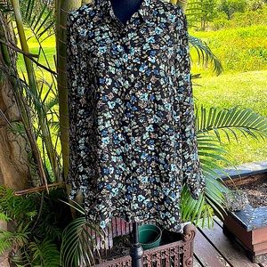 J Jill black polyester LONG shirt with blue floral pattern. Size large